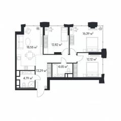 ЖК «1-й Нагатинский», планировка 3-комнатной квартиры, 82.61 м²