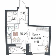ЖК «Авиатор» (Девяткино), планировка студии, 25.29 м²