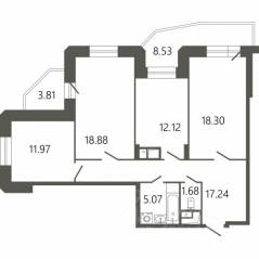 ЖК «Мессиер 18», планировка 3-комнатной квартиры, 89.73 м²