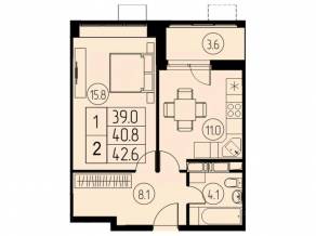 ЖК «River Park», планировка 1-комнатной квартиры, 40.80 м²
