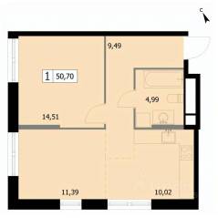 ЖК «Self», планировка 1-комнатной квартиры, 50.70 м²