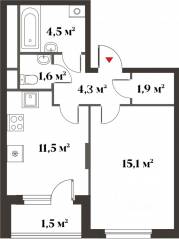 ЖК Миниполис «Восемь кленов», планировка 1-комнатной квартиры, 39.00 м²