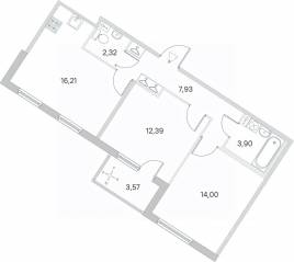 МЖК «Любоград», планировка 2-комнатной квартиры, 58.54 м²