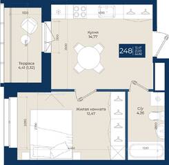 ЖК «Новатория», планировка 1-комнатной квартиры, 32.82 м²
