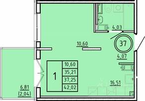 МЖК «Образцовый квартал 16», планировка 1-комнатной квартиры, 35.21 м²