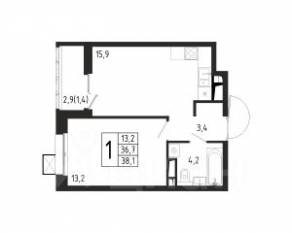 ЖК «Берег», планировка 1-комнатной квартиры, 38.10 м²