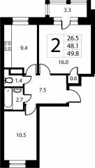 ЖК Город-событие «Лайково», планировка 2-комнатной квартиры, 48.70 м²