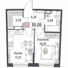 ЖК «Авиатор» (Девяткино), планировка 1-комнатной квартиры, 35.05 м²