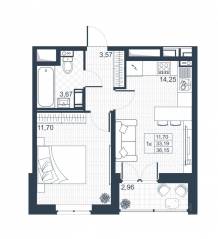 ЖК «Ново-Антропшино», планировка 1-комнатной квартиры, 34.67 м²