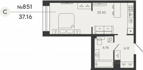 ЖК «Bashni Element», планировка студии, 37.16 м²