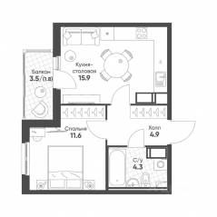 ЖК «Клюква.Парк», планировка 1-комнатной квартиры, 38.50 м²
