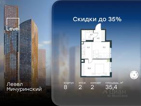 ЖК «Level Мичуринский», планировка 2-комнатной квартиры, 35.40 м²