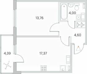 МЖК «Любоград», планировка 1-комнатной квартиры, 41.05 м²