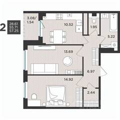 МЖК «Новокасимово», планировка 2-комнатной квартиры, 57.25 м²
