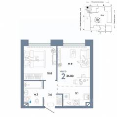 ЖК «Страна.Озерная», планировка 2-комнатной квартиры, 34.80 м²