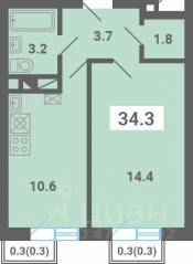 МЖК «Южная Долина», планировка 1-комнатной квартиры, 34.30 м²