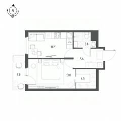 ЖК «Новоорловский», планировка 1-комнатной квартиры, 38.60 м²