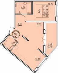МЖК «Образцовый квартал 16», планировка 2-комнатной квартиры, 51.88 м²