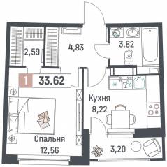 ЖК «Авиатор» (Девяткино), планировка 1-комнатной квартиры, 33.62 м²