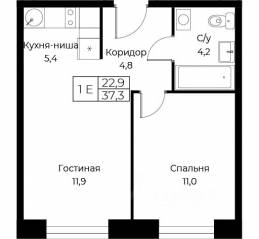Апарт-комплекс «Aist Residence», планировка 1-комнатной квартиры, 37.30 м²