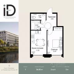 ЖК «ID Petrogradskaya», планировка 1-комнатной квартиры, 36.83 м²
