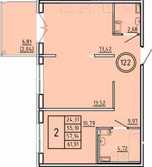 МЖК «Образцовый квартал 16», планировка 2-комнатной квартиры, 55.10 м²