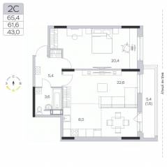 ЖК «Пироговская Ривьера», планировка 2-комнатной квартиры, 61.50 м²