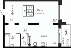 ЖК «Сибирь», планировка 1-комнатной квартиры, 48.80 м²