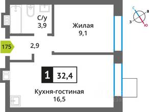 ЖК «Никольский квартал Отрада», планировка 1-комнатной квартиры, 32.40 м²