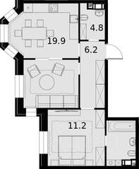 ЖК «Театральный квартал», планировка 2-комнатной квартиры, 62.40 м²