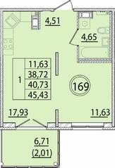 МЖК «Образцовый квартал 15», планировка 1-комнатной квартиры, 38.72 м²