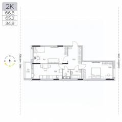 ЖК «Пироговская Ривьера», планировка 2-комнатной квартиры, 65.40 м²