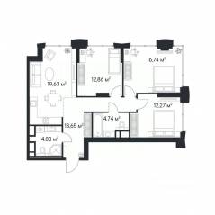 ЖК «1-й Нагатинский», планировка 3-комнатной квартиры, 82.90 м²