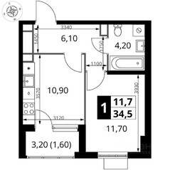 ЖК «1-й Химкинский», планировка 1-комнатной квартиры, 34.40 м²