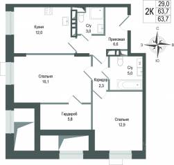 ЖК «Киноквартал», планировка 2-комнатной квартиры, 63.70 м²