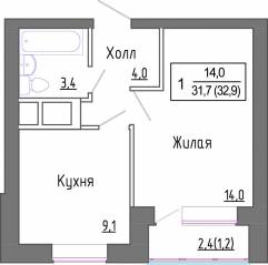 МЖК «Новое Замитино», планировка 1-комнатной квартиры, 32.90 м²