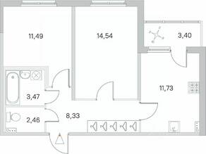 МЖК «Любоград», планировка 2-комнатной квартиры, 53.72 м²