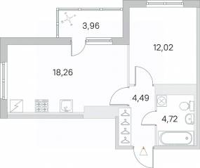 ЖК «Югтаун. Олимпийские кварталы», планировка 1-комнатной квартиры, 41.47 м²