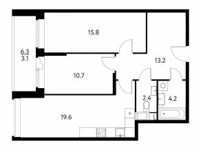 ЖК «Солнечный парк», планировка 2-комнатной квартиры, 70.50 м²
