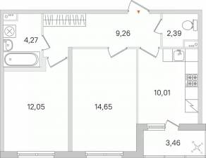 ЖК «Ясно. Янино», планировка 2-комнатной квартиры, 54.36 м²