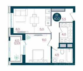 ЖК «Русич Кантемировский», планировка 1-комнатной квартиры, 40.00 м²