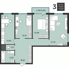 МЖК «Новокасимово», планировка 3-комнатной квартиры, 80.30 м²