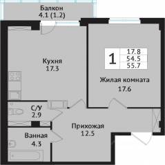ЖК «Южная звезда», планировка 1-комнатной квартиры, 58.50 м²