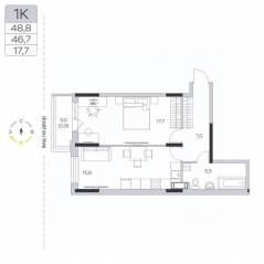 ЖК «Пироговская Ривьера», планировка 1-комнатной квартиры, 46.70 м²