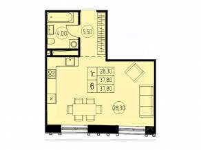 ЖК «7 небо», планировка студии, 37.80 м²