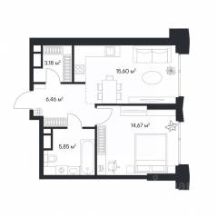 ЖК «1-й Нагатинский», планировка 1-комнатной квартиры, 44.88 м²