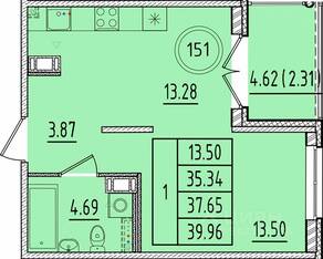 МЖК «Образцовый квартал 17», планировка 1-комнатной квартиры, 35.34 м²