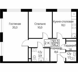 Апарт-комплекс «Aist Residence», планировка 2-комнатной квартиры, 56.20 м²