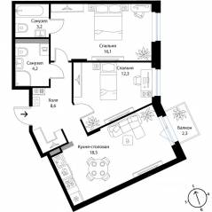 МЖК «Экография», планировка 2-комнатной квартиры, 63.60 м²