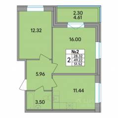 ЖК «Рождественский квартал», планировка 2-комнатной квартиры, 51.52 м²